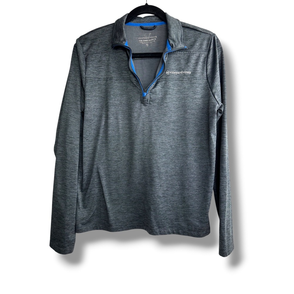 Vineyard Vines Kids XL 18 Shep Shirt Quarter Zip Pullover Gray Heather Blue Trim
